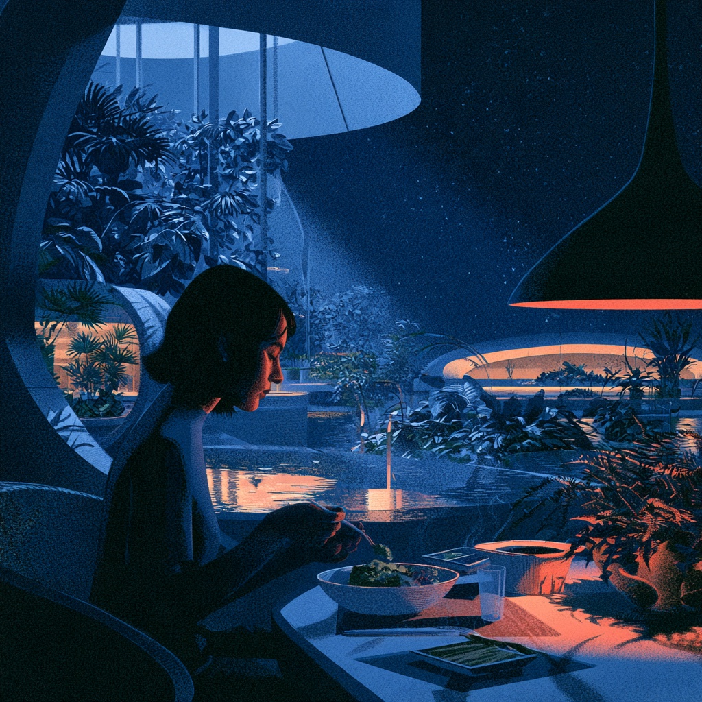 A person eating a bowl of dinner in a blue-lit room under a warm pendant lamp.