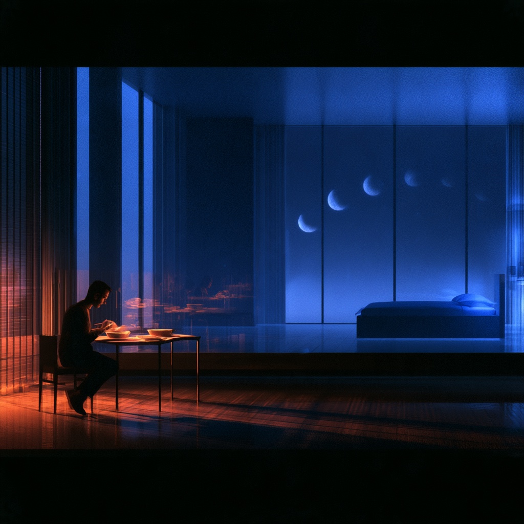 A person eating dinner beside a blue-lit bedroom with moon phases above the bed.