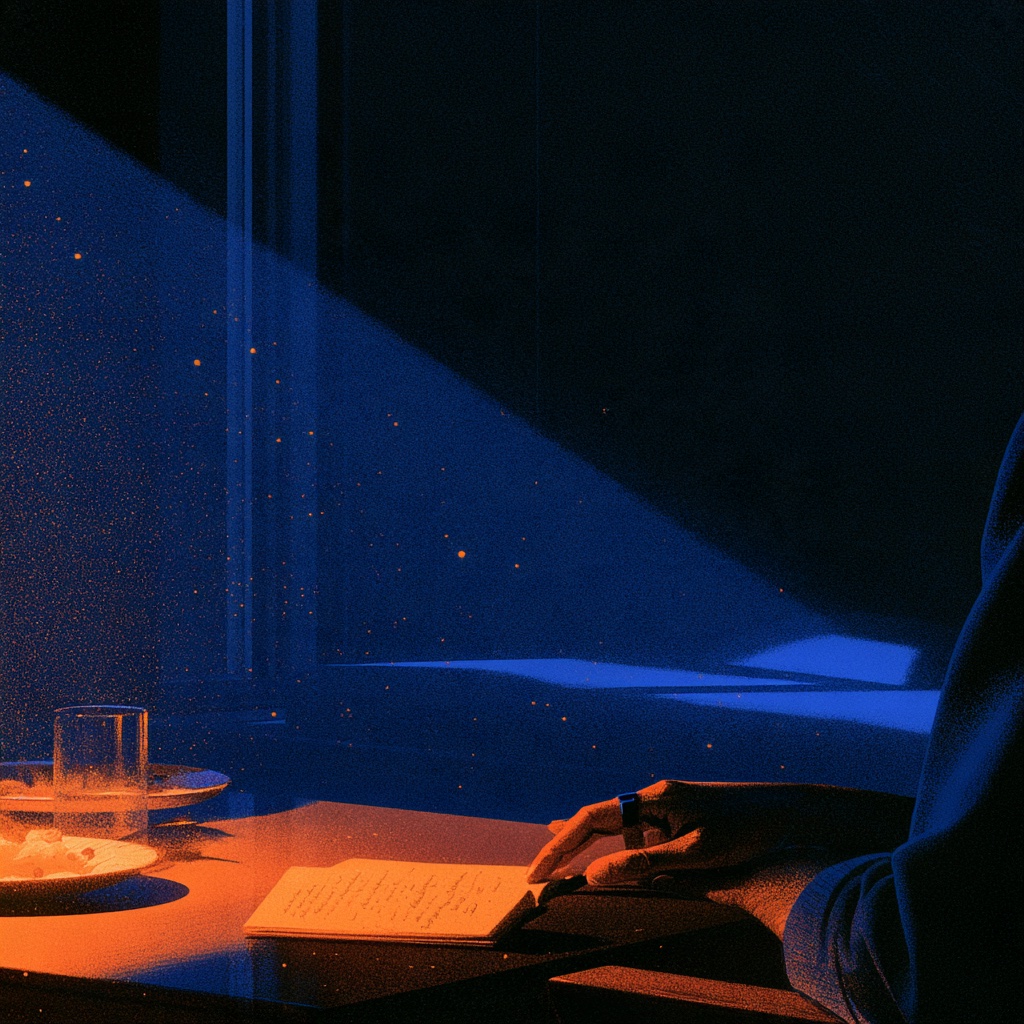 A ring-wearing hand beside a meal notebook in a blue-lit bedroom.